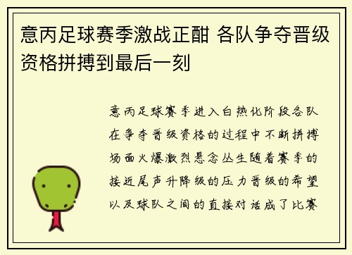 意丙足球赛季激战正酣 各队争夺晋级资格拼搏到最后一刻