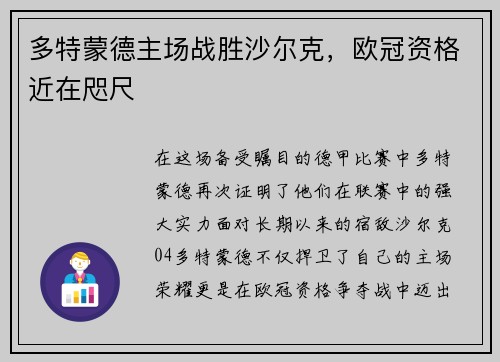 多特蒙德主场战胜沙尔克，欧冠资格近在咫尺