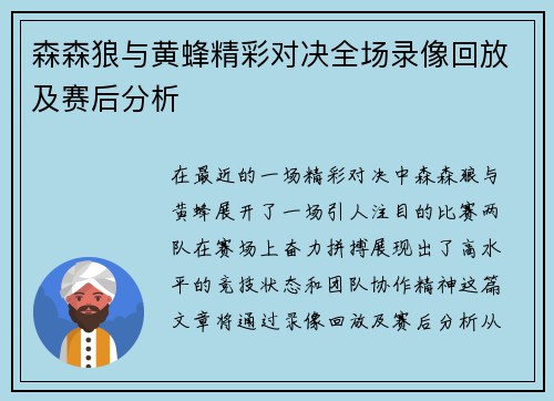 森森狼与黄蜂精彩对决全场录像回放及赛后分析