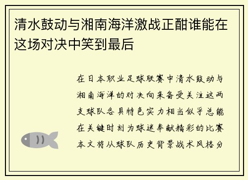 清水鼓动与湘南海洋激战正酣谁能在这场对决中笑到最后