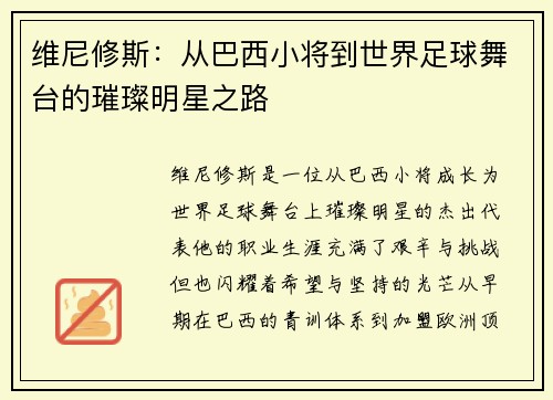 维尼修斯：从巴西小将到世界足球舞台的璀璨明星之路