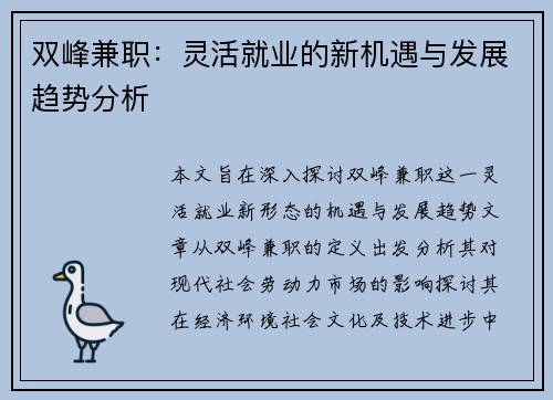 双峰兼职：灵活就业的新机遇与发展趋势分析
