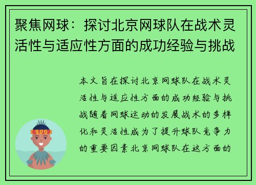 聚焦网球：探讨北京网球队在战术灵活性与适应性方面的成功经验与挑战